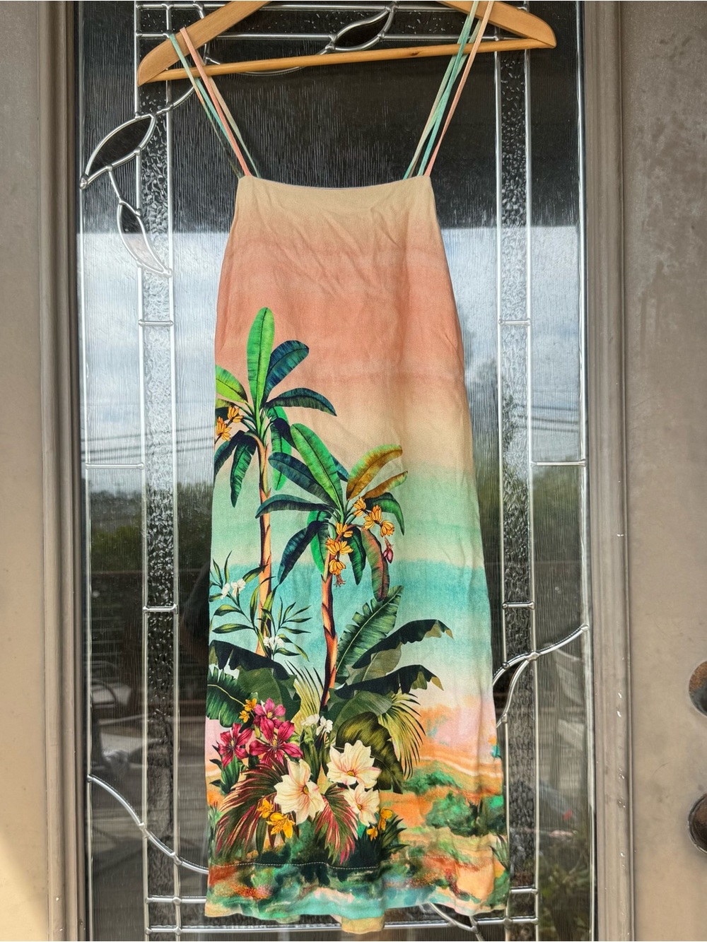 FARM Rio Tropical Palm Print Slip Dress in Peach & Teal
